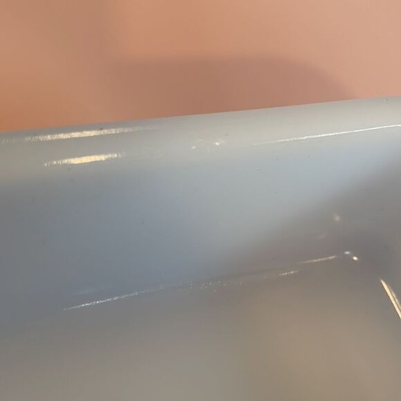 VINTAGE GLASBAKE MILK GLASS LOAF DISH. PALE BLUE. J-265. 9 1/2" X 5 3/4” - Picture 7 of 7